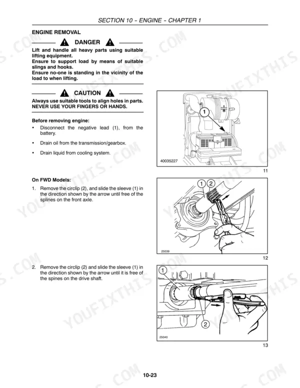 New Holland TT55, TT75 engine removal procedure, battery disconnection, and front axle drive shaft circlip removal diagrams.