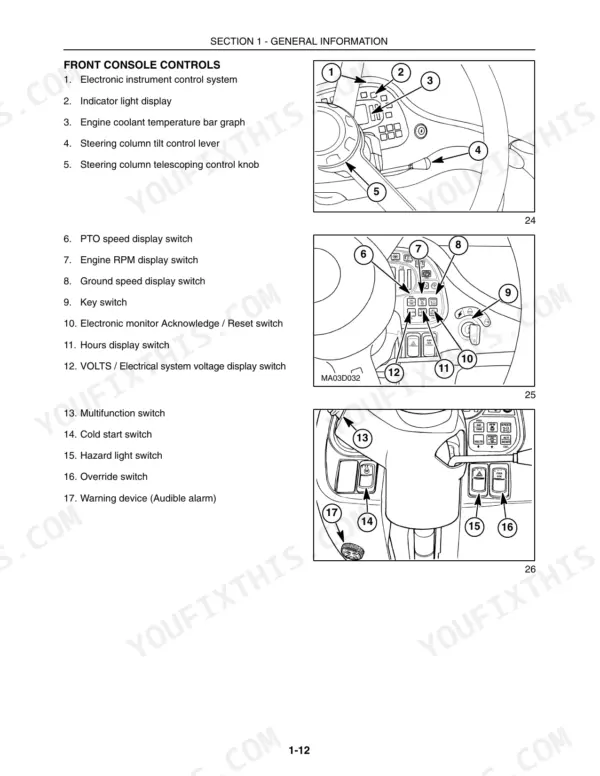 new-holland-tv145-tractor-operator-manual-87639930-controls-33.webp New Holland TV145 front console controls diagram showing instrument cluster, switches, and steering column adjustment levers.