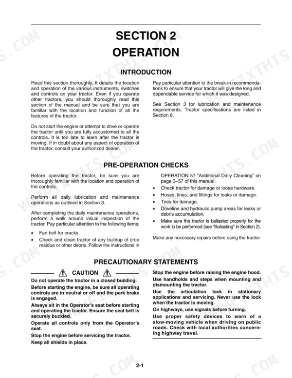 New Holland TV145 operator manual section 2 covering operation, pre-operation checks, and safety precautionary statements.