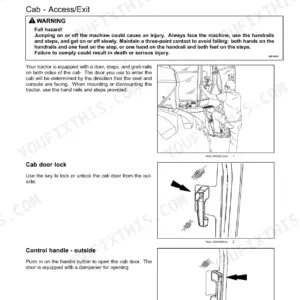New Holland TV6070 operator manual page showing cab access, door lock, and outside control handle operation procedures.