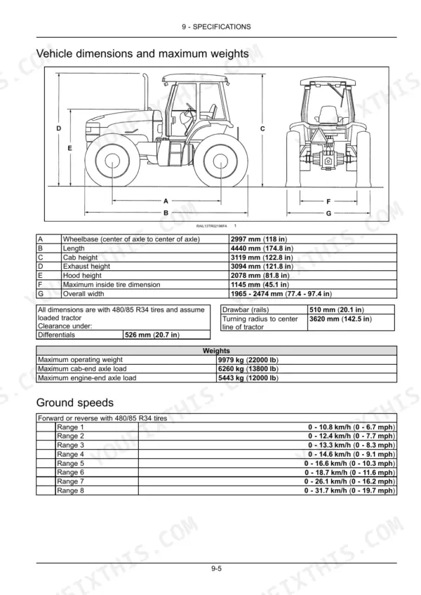 New Holland TV6070 vehicle dimensions, weights, and ground speed specifications table with tractor diagram.