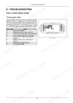 New Holland TV6070 troubleshooting table for three-point hitch fault codes and monitor display illustration.