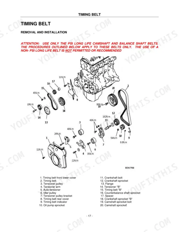 Power Solutions International PSI 2.0L, PSI 2.4L timing belt removal and installation exploded view with torque specs.
