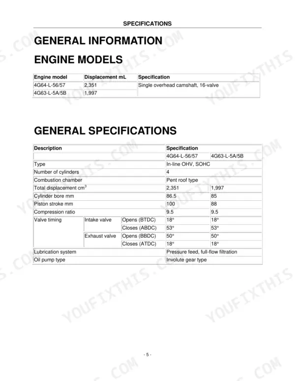 Power Solutions International PSI 2.0L, PSI 2.4L engine model and general specifications table including bore, stroke, and valve timing.