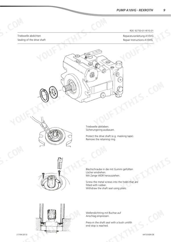 Rexroth A10VG repair manual page showing procedures for removing and installing the drive shaft seal.
