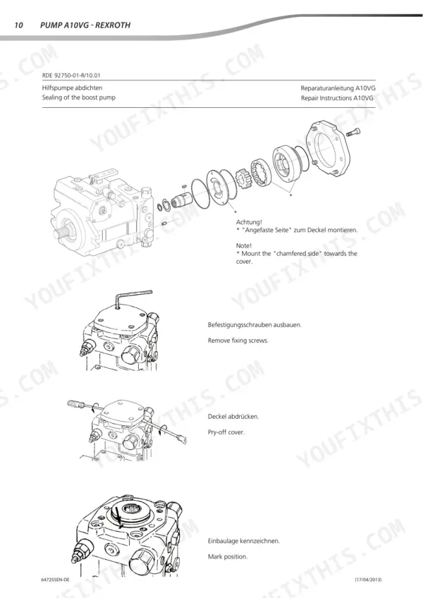 Rexroth A10VG repair manual page showing boost pump sealing procedures, exploded view, and cover removal steps.