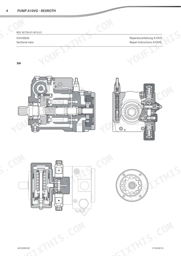 Rexroth A10VG pump sectional view diagrams showing internal hydraulic components and DA control assembly.