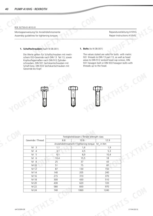 rexroth-a10vg-hydraulic-pump-repair-manual-647255en-de-torque-42.webp Rexroth A10VG repair manual page showing bolt tightening torque specifications table for metric ISO threads by tensile strength class.