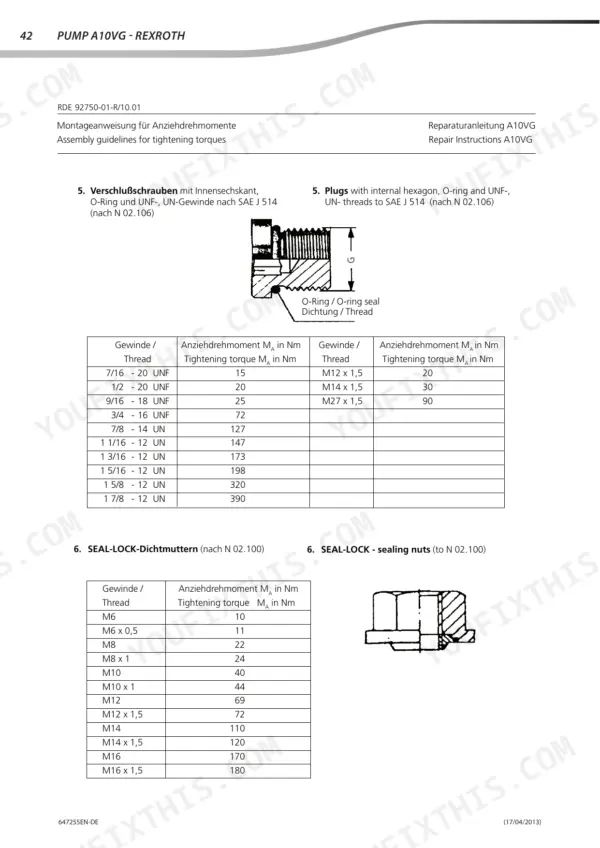 Rexroth A10VG torque specifications table for plugs with O-rings and SEAL-LOCK sealing nuts with diagrams.
