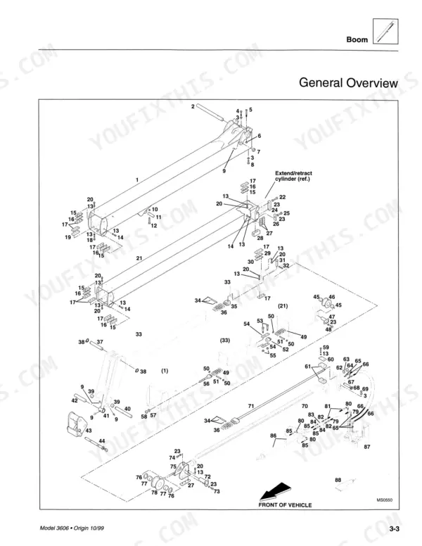 sky-trak-3606-rough-terrain-material-handler-service-training-8990300-exploded-view-63.webp Sky Trak 3606 exploded view diagram of the boom assembly, including wear pads, rollers, and extend/retract cylinder components.