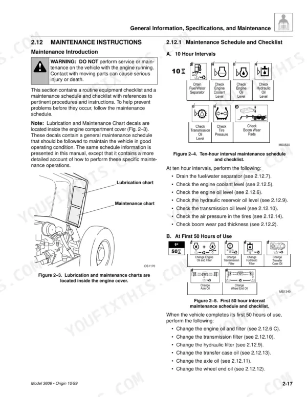Sky Trak 3606 maintenance schedule showing 10-hour and 50-hour service checklists and engine compartment decal locations.