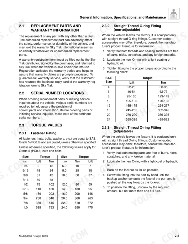 Sky Trak 3606 service manual page showing torque specifications for fasteners and straight thread O-ring hydraulic fittings.