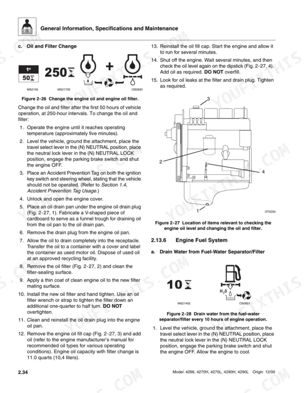 Skytrak 4266, 4270H, 4270L, 4290H, 4290L engine oil change procedure and fuel-water separator drain instructions.