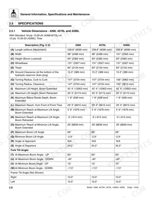Skytrak 4266, 4270H, 4270L, 4290H, 4290L vehicle dimensions and specifications table including boom, reach, and tilt angles.