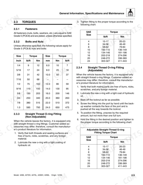 Skytrak 4266, 4270H, 4270L, 4290H, 4290L torque specification tables for fasteners and straight thread O-ring fittings.