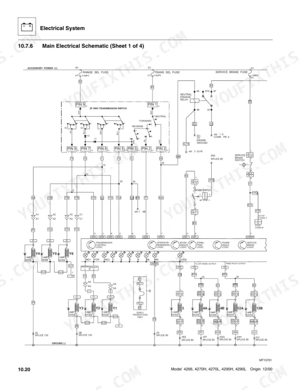 skytrak-4266-variants-telescopic-material-handler-service-manual-8990405-wiring-464.webp Skytrak 4266, 4270H, 4270L, 4290H, 4290L electrical schematic sheet 1 showing transmission switch, relays, and logic circuits.