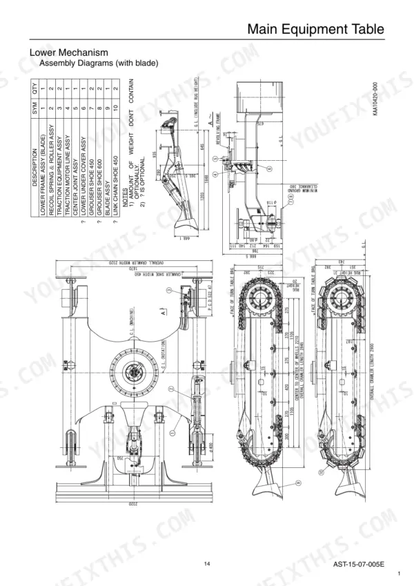 sumitomo-sh75-sh80-hydraulic-excavator-shop-manual-asm-17-00-001lx-exploded-view-35.webp Link-Belt 75 & 80 Spin Ace Tier III lower mechanism assembly diagram with blade parts table.