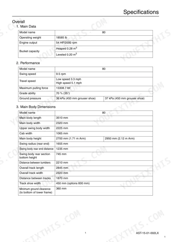 Link-Belt 75 & 80 Spin Ace Tier III specifications table for model 80 main data and dimensions.