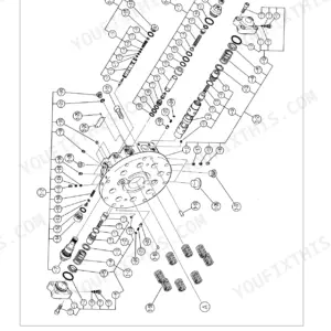 Link-Belt 210 X2, 240 X2 exploded view diagram of the lower mechanism travel drive unit showing internal valve components.