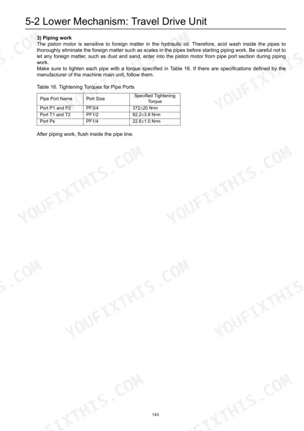 Link-Belt 210 X2, 240 X2 travel drive unit piping procedure and pipe port tightening torque table 16 specifications.
