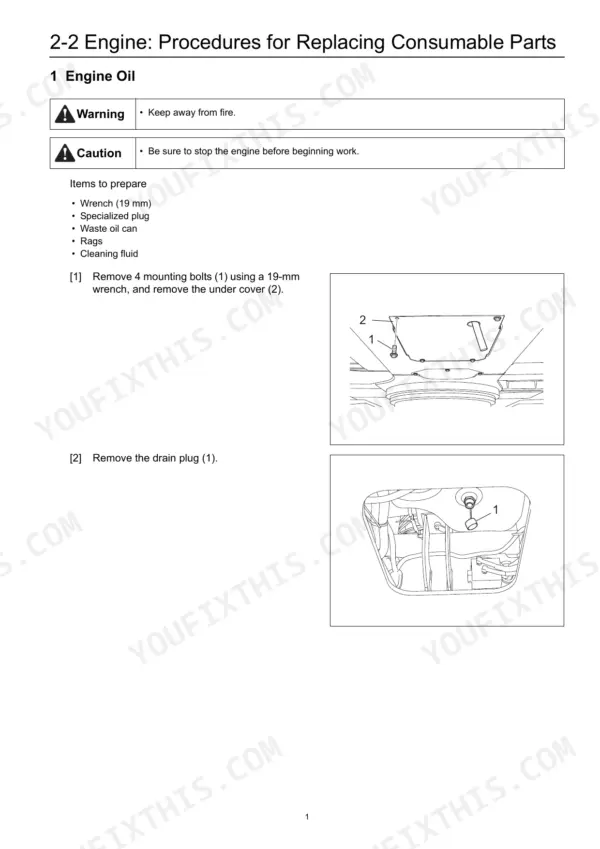 Link-Belt 210 X2, 240 X2 engine oil replacement procedure, showing under cover removal and drain plug location diagrams.