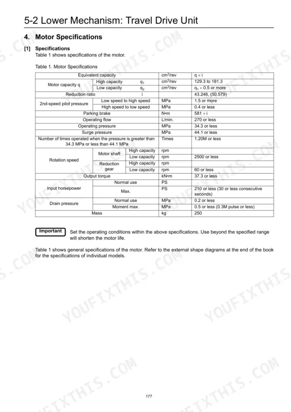 Link-Belt 210 X2, 240 X2 travel drive unit motor specifications table including capacity, pressure, and rotation speed data.