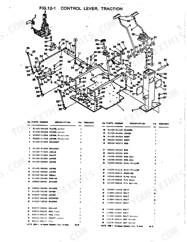 Takeuchi TB-35S exploded view diagram and parts list for the traction control lever assembly and linkage components.
