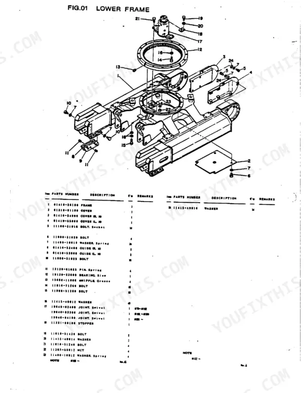 Takeuchi TB-35S exploded view diagram and parts list for the lower frame, including swivel joint and slewing bearing components.