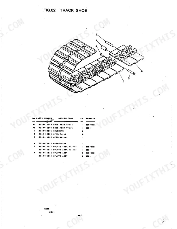Takeuchi TB-35S exploded view diagram and parts list for track shoe assembly, including bushings, track pins, and master pins.