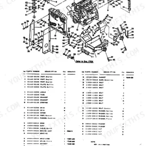 Takeuchi TB-35S exploded view of engine, radiator, silencer, and mounting accessories with parts list table.