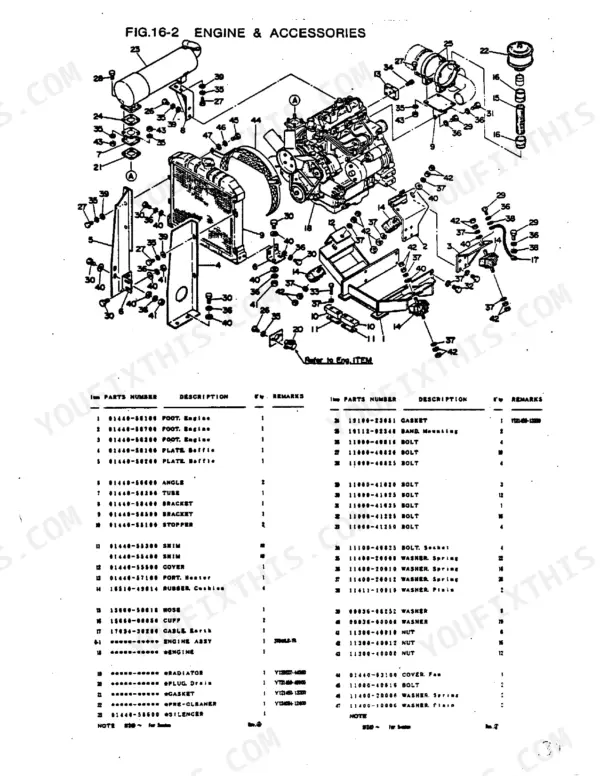 Takeuchi TB-35S exploded view diagram of engine and accessories including radiator, silencer, and mounting hardware parts list.