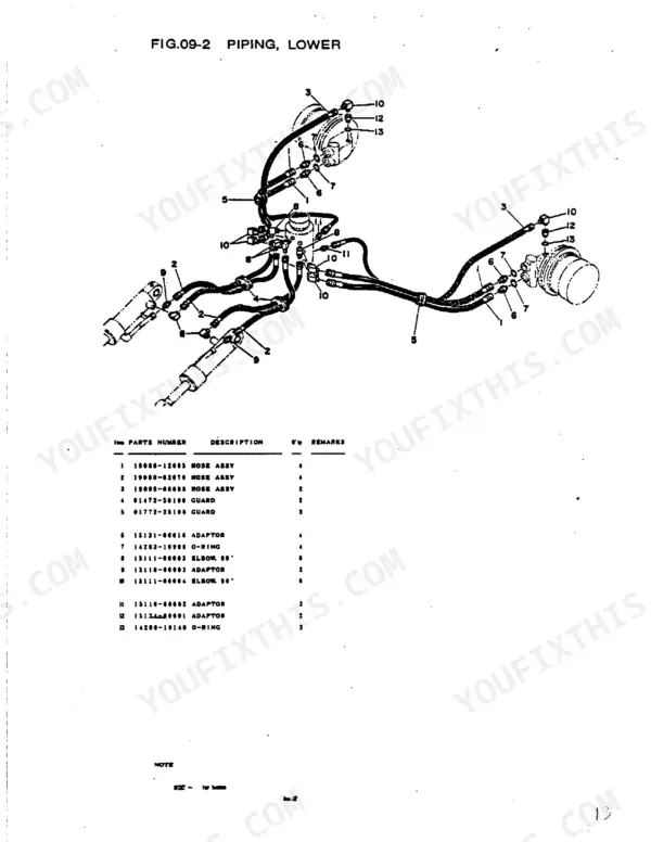 Takeuchi TB-35S lower piping hydraulic diagram and parts list showing hose assemblies, adapters, and O-rings.