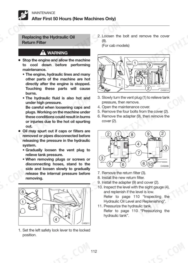 takeuchi-tb014-tb016-compact-excavator-operator-manual-ac4e029-procedures-114.webp Takeuchi TB014, TB016 maintenance procedure for replacing the hydraulic oil return filter with component diagrams.