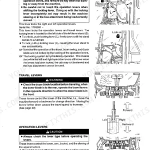 Takeuchi TB070 manual page showing locking lever, travel lever, and operation lever controls with diagrams and safety warnings.