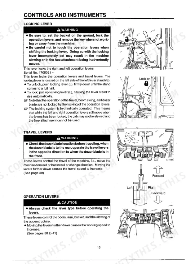 takeuchi-tb070-compact-excavator-operator-manual-ol1-107e0-controls-23.webp Takeuchi TB070 manual page showing locking lever, travel lever, and operation lever controls with diagrams and safety warnings.