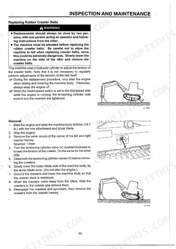 Takeuchi TB070 maintenance manual page showing procedures for replacing rubber crawler belts and adjusting tension valves.