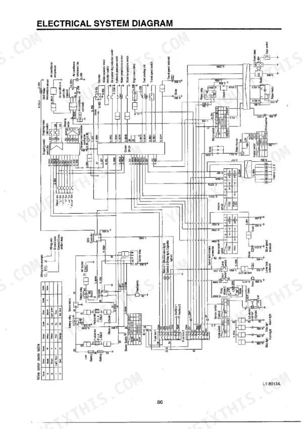 Takeuchi TB070 electrical system wiring diagram showing relays, fuses, switches, and wire color code table.