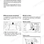 Takeuchi TB1140 manual storage compartment location and machine and engine serial number identification diagrams.