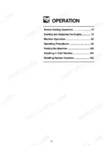 Takeuchi TB1140 operation section table of contents listing engine starting, machine operation, and rubber crawler handling.