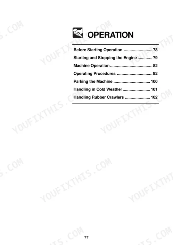 Takeuchi TB1140 operation section table of contents listing engine starting, machine operation, and rubber crawler handling.