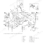 Takeuchi TB1160W exploded view of engine drive system, muffler, air cleaner, fuel filter, and mounting components with torque specs.