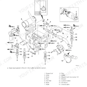 Takeuchi TB1160W exploded view of engine drive system, muffler, air cleaner, fuel filter, and mounting components with torque specs.