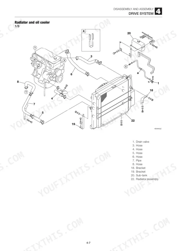 Takeuchi TB1160W exploded view diagram of radiator, oil cooler, hoses, and sub-tank assembly components.