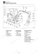 takeuchi-tb125-tb135-tb145-compact-excavator-operator-manual-ag4e022-controls-38.webp Takeuchi TB125, TB135, TB145 component diagram showing upperstructure, undercarriage, and working equipment parts list.