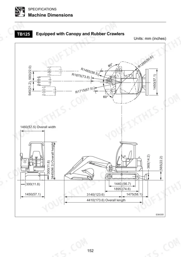 Takeuchi TB125, TB135, TB145 machine dimensions diagram showing overall length, width, and height for canopy model with rubber crawlers.