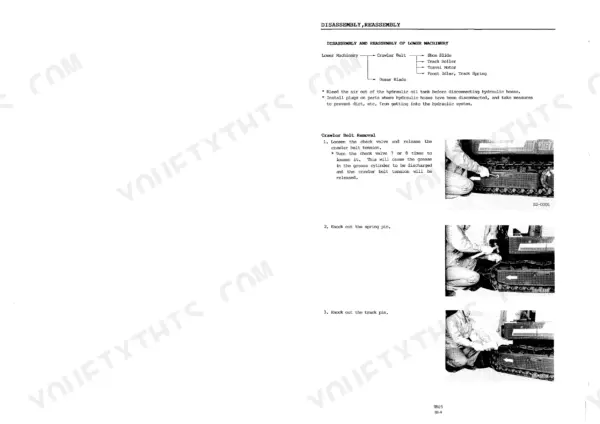 Takeuchi TB15 lower machinery disassembly procedure, including crawler belt removal, check valve adjustment, and track pin removal steps.
