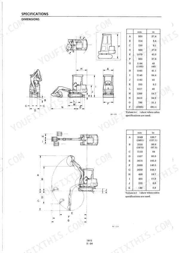 Takeuchi TB15 excavator dimensions diagram and specification tables for machine size and operating range.