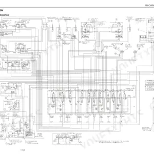 Takeuchi TB153FR hydraulic circuit diagram showing control valve, cylinders, travel motors, and relief pressure specifications.