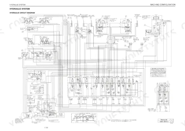 takeuchi-tb153fr-compact-excavator-workshop-manual-cj3e004-wiring-99.webp Takeuchi TB153FR hydraulic circuit diagram showing control valve, cylinders, travel motors, and relief pressure specifications.