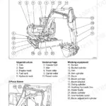 Takeuchi TB175 component identification diagram for mono-boom and 2-piece boom excavators with numbered parts list.
